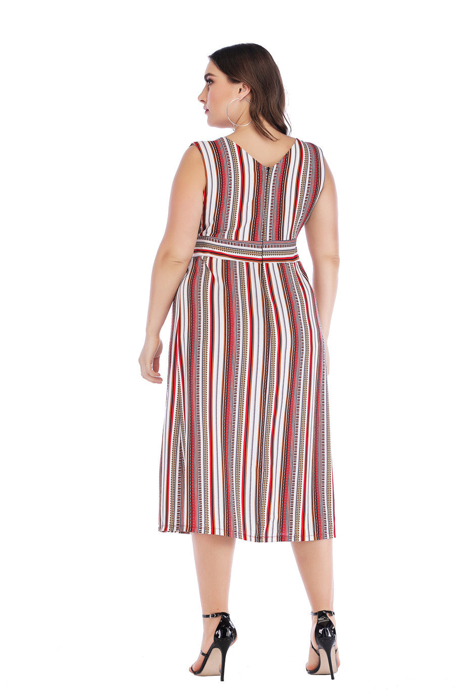 Plus Size V-neck Striped Waist Slim-fit Sleeveless Long Dress