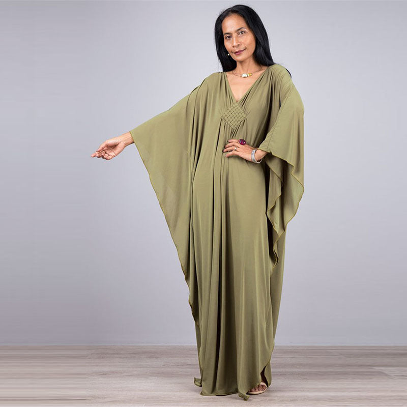 Dress  | Free Size  Chest Woven Loose Plus Size Beach Cover-up Robe Vacation | Light Army Green |  Free Size| thecurvestory.myshopify.com