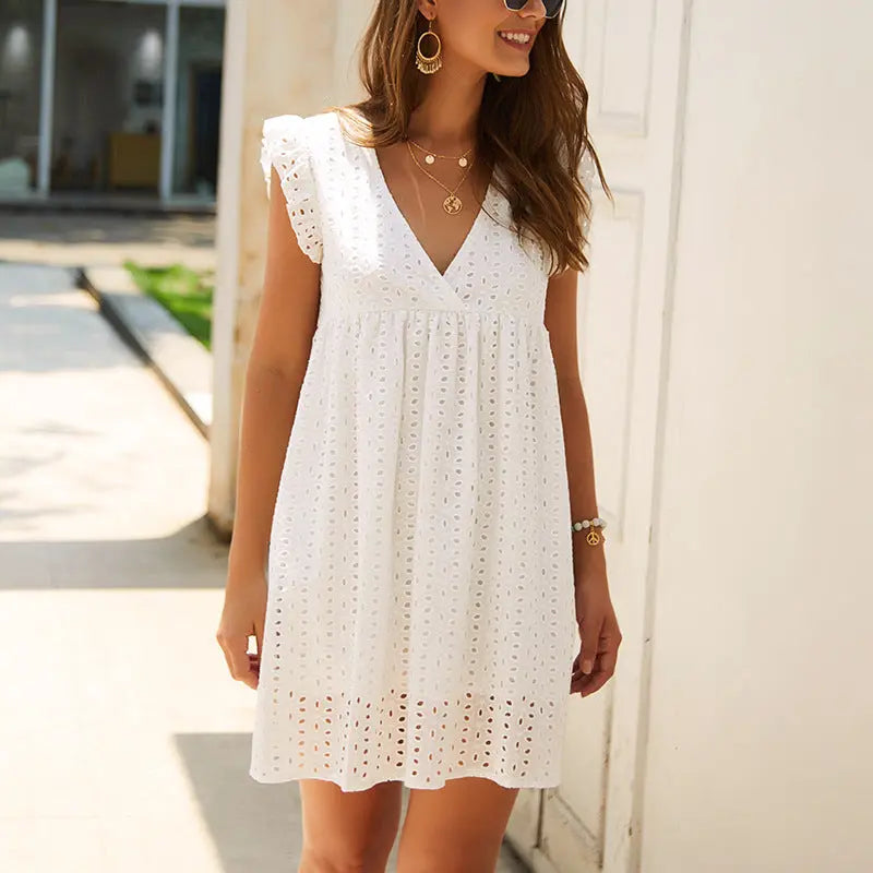 [product_type]  | Summer V-neck Cotton Short Skirt Solid Color Dress | White |  L| thecurvestory.myshopify.com