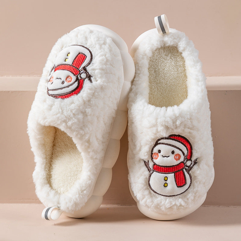 Slippers  | Cute Snowman Slippers Winter Indoor Household Warm Plush Thick-Soled Anti-slip Couple Home Slipper Soft Floor Bedroom House Shoes | White |  36or37| thecurvestory.myshopify.com