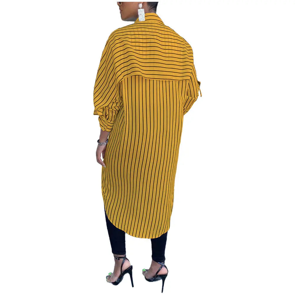 [product_type]  | Striped Shirt Loose Long Thin Coat Choose Top | Dark yellow and black |  2XL| thecurvestory.myshopify.com