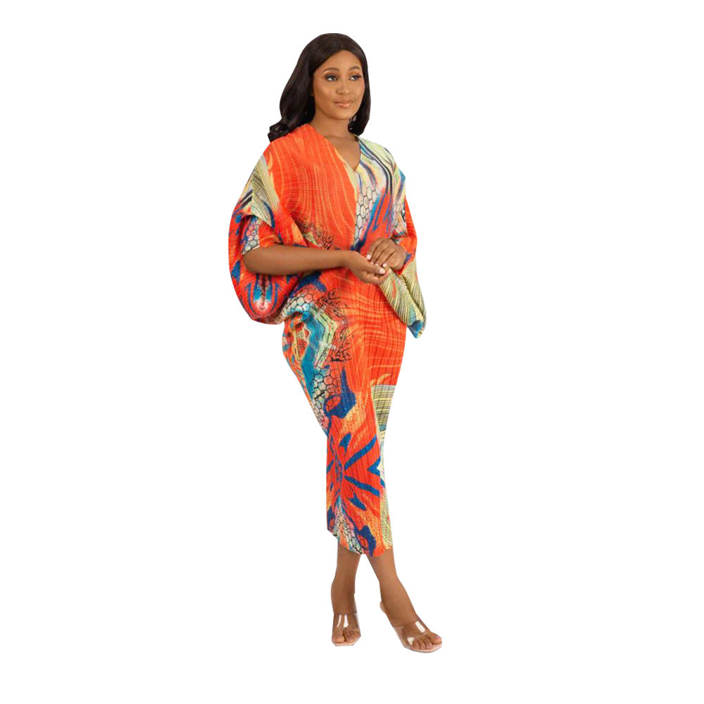Dress  | Free Size Women V-neck Batwing Sleeve Printing Dress Kimono | Orange |  Free Size| thecurvestory.myshopify.com