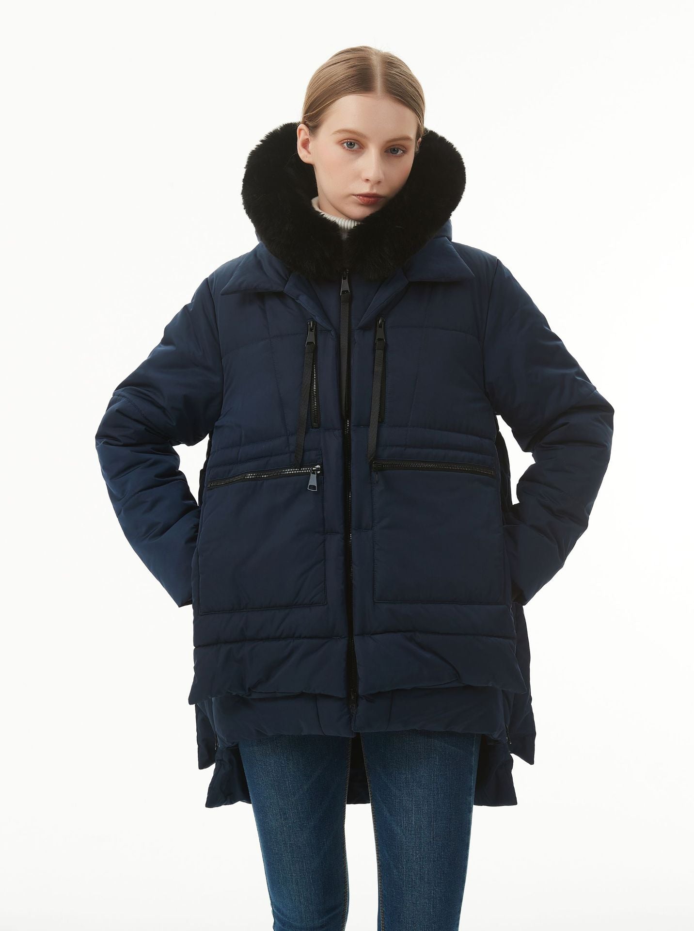jackets  | Women's Casual Hooded Middle Long Cotton-padded Coat | Dark Blue |  L| thecurvestory.myshopify.com