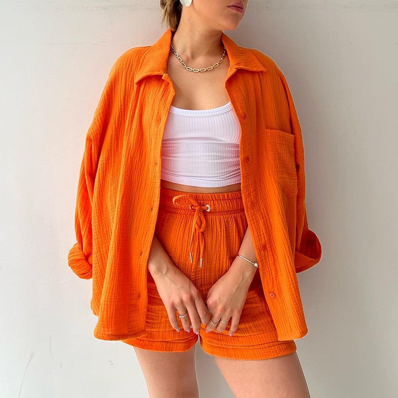co-ord sets  | Spring Champray Lapel Long Sleeve Shirt High Waist Drawstring Shorts Plus Size Fashion Casual Set | Orange |  2XL| thecurvestory.myshopify.com