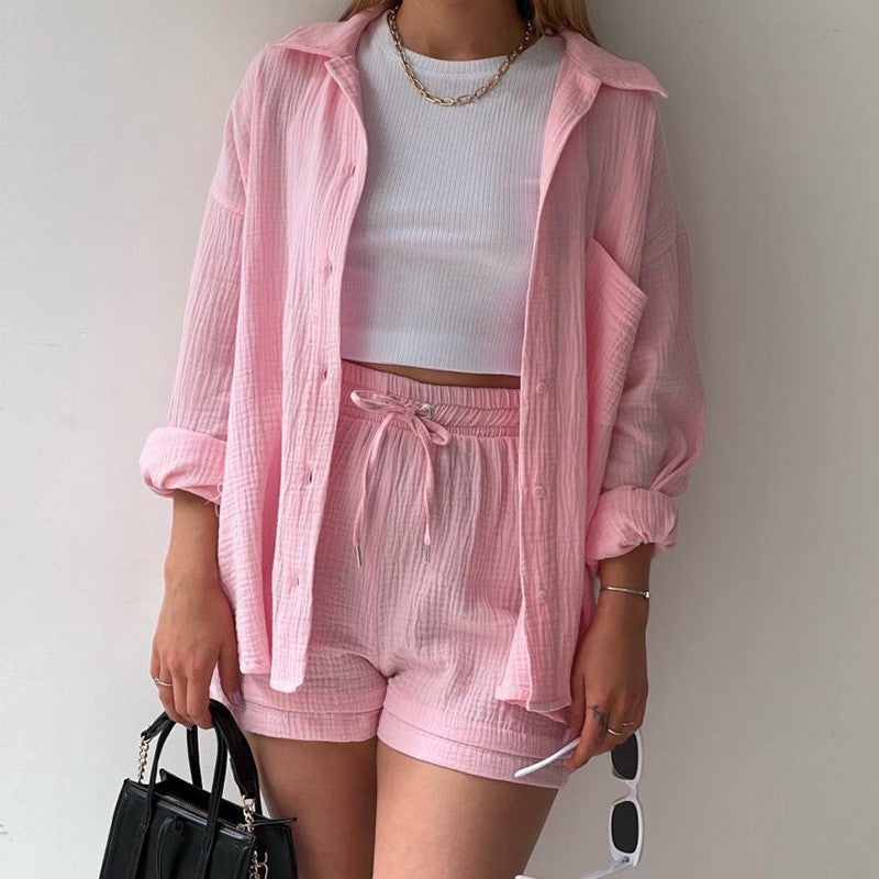 co-ord sets  | Spring Champray Lapel Long Sleeve Shirt High Waist Drawstring Shorts Plus Size Fashion Casual Set | Pink |  2XL| thecurvestory.myshopify.com