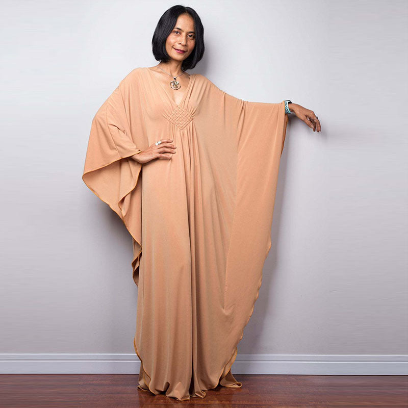 Dress  | Free Size  Chest Woven Loose Plus Size Beach Cover-up Robe Vacation | Apricot Yellow |  Free Size| thecurvestory.myshopify.com