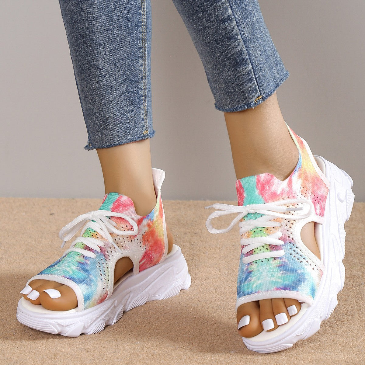 sandals  | Print Lace-up Sports Sandals Summer Peep Toe Casual Mesh Shoes | Flower |  35.| thecurvestory.myshopify.com