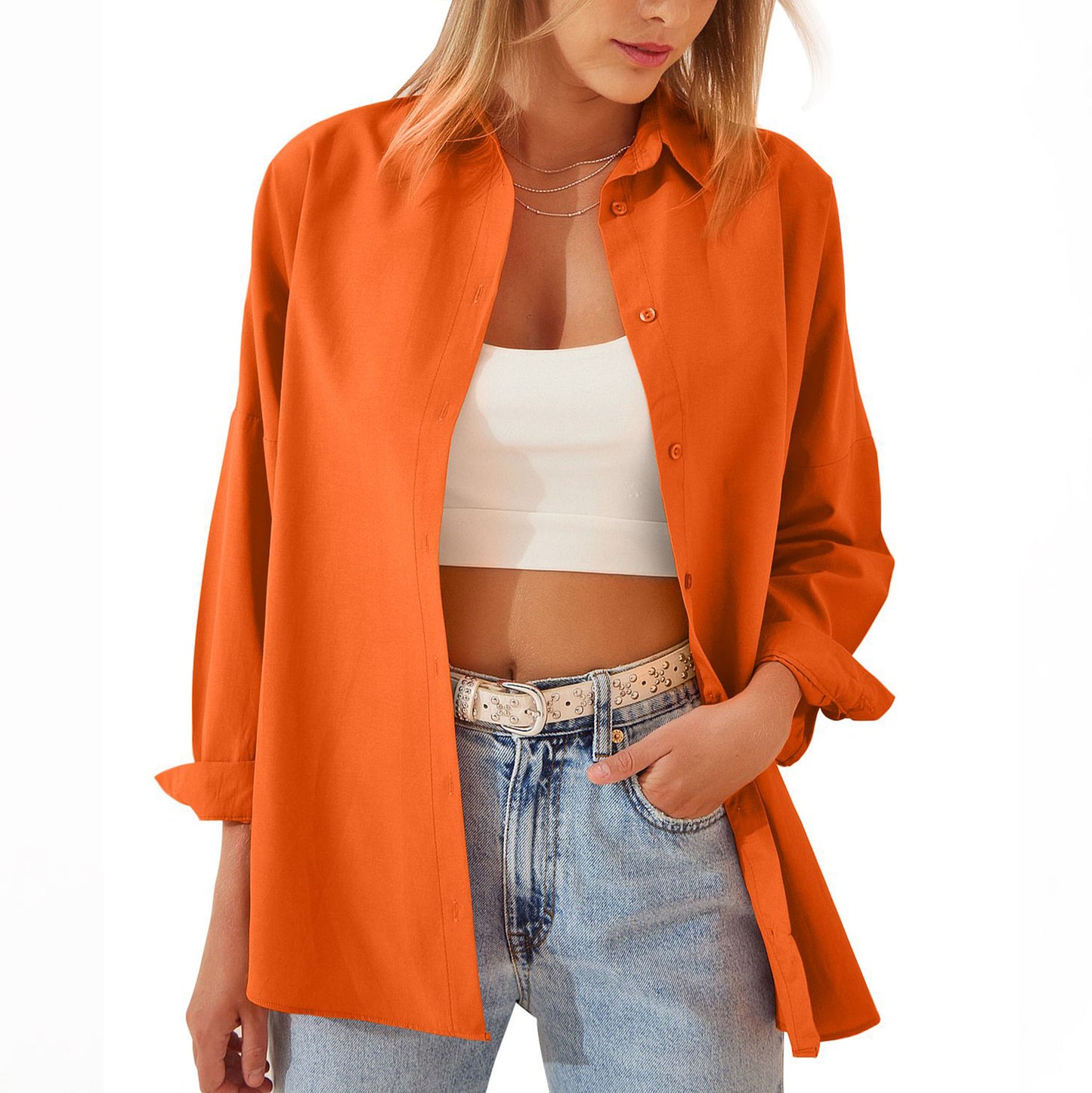 Shirt  | Women's Shirt Jacket Long Sleeve Blouse Button Down Tops Candy Color Shirt | Orange |  2XL| thecurvestory.myshopify.com