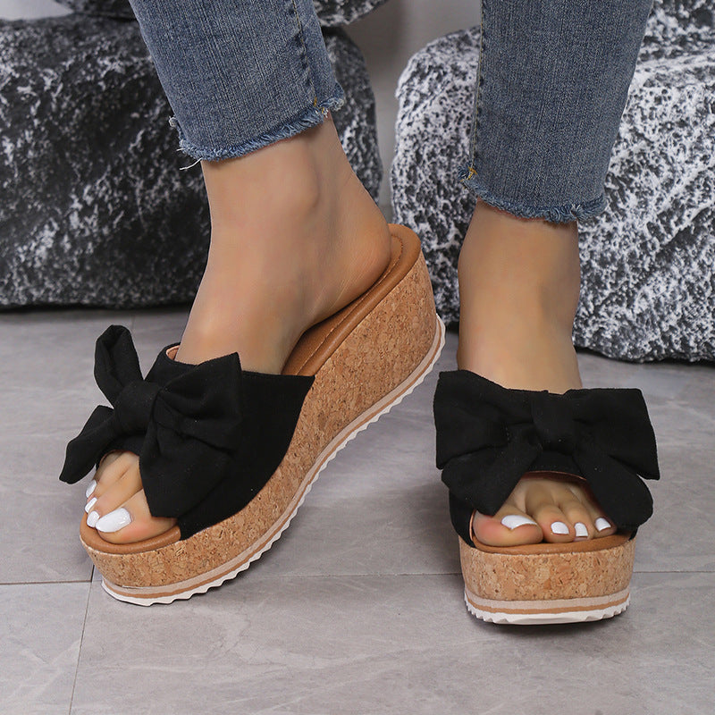 Fashion Bow Leopard Print Wedge Slippers For Women