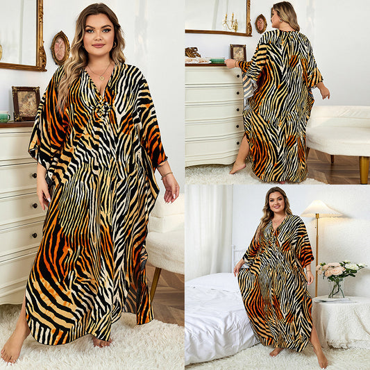 Dress  | Loose Plus Size Robe Vacation Beach Coat | Black Brown Zebra |  Free Size| thecurvestory.myshopify.com