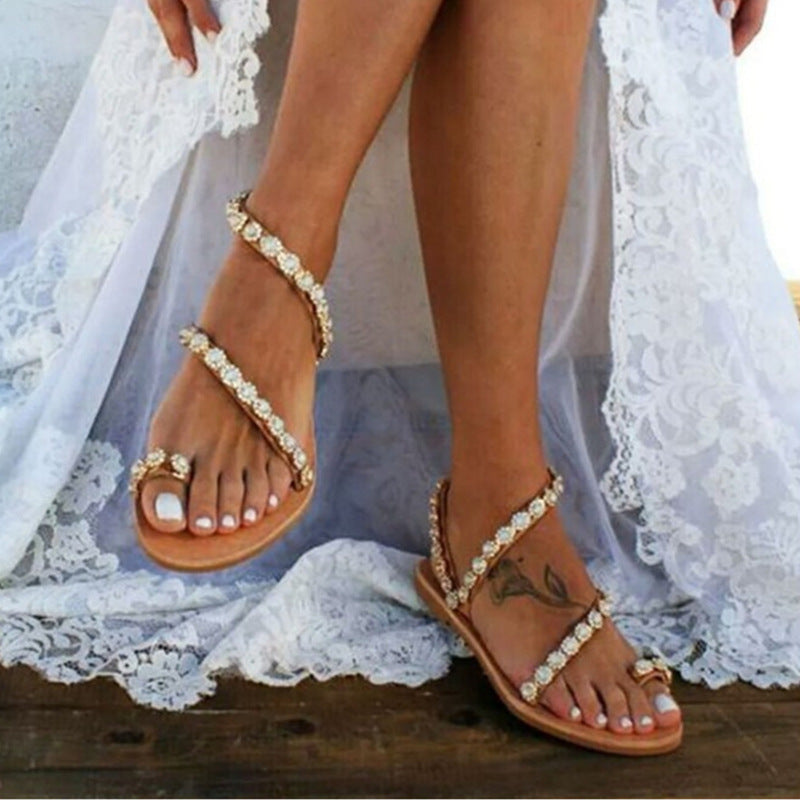 sandals  | Women's Sandals Mules Boho Beach Shoes Rhinestone Lace Beading Flat Slippers | [option1] |  [option2]| thecurvestory.myshopify.com