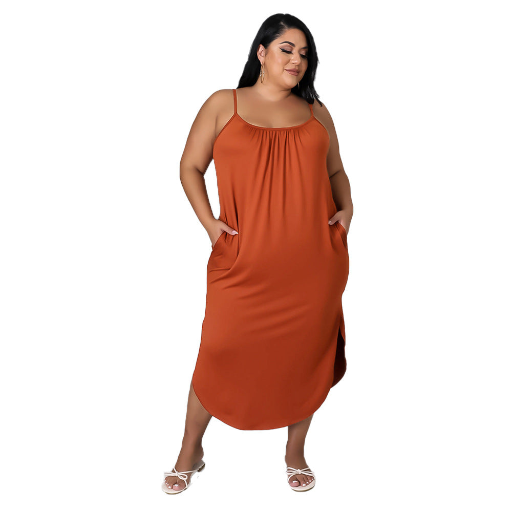 Dress  | Women Plus Size Spaghetti Strap Solid Color Wrapped Dress | Orange |  3XL| thecurvestory.myshopify.com