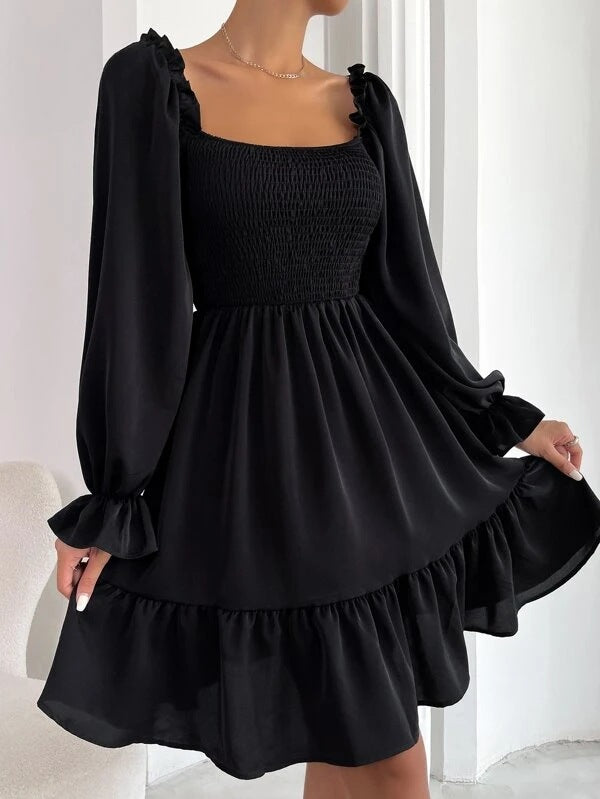 dresses  | Flared Long Sleeve Dresses Women Square Neck Ruffled Swing Dress | Black |  L| thecurvestory.myshopify.com