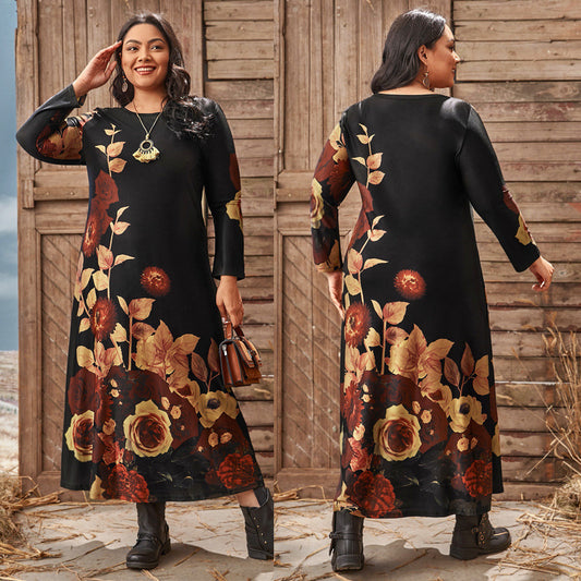 Women Plus Size Round Neck Simple Printing Knitted maxi Dress