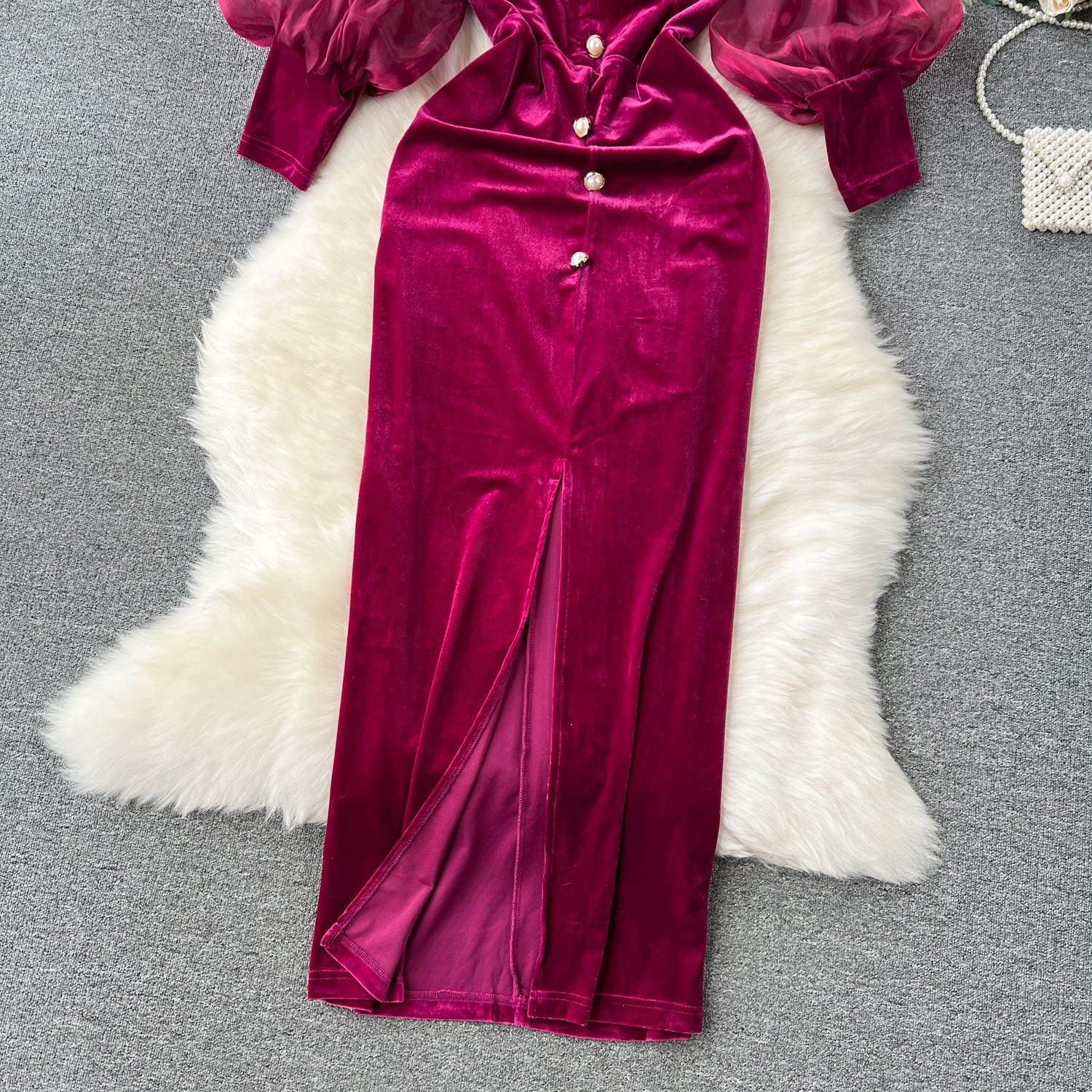 Dress  | Women Vintage Velvet Lantern Sleeve Slim Mid-length Split Knee-length Court Style Dress | |  | thecurvestory.myshopify.com