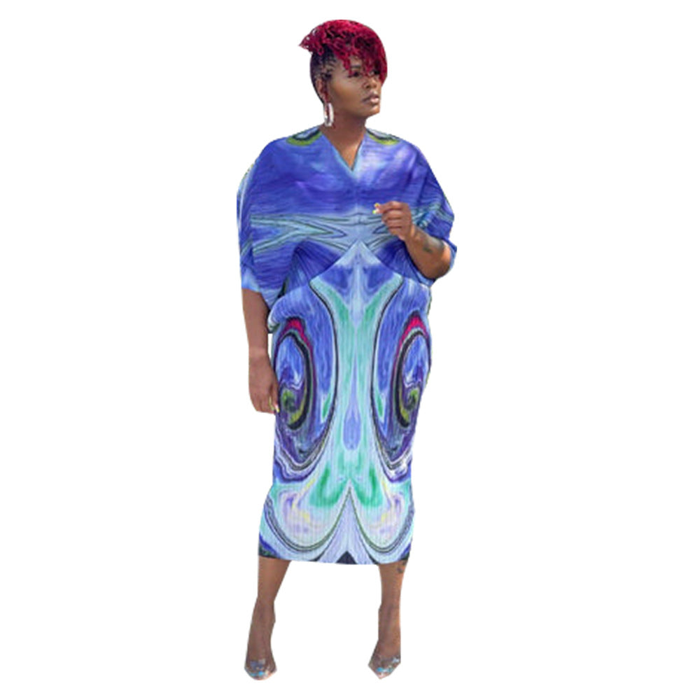 Dress  | Free Size Women V-neck Batwing Sleeve Printing Dress Kimono | Purple Blue Oil Painting |  Free Size| thecurvestory.myshopify.com