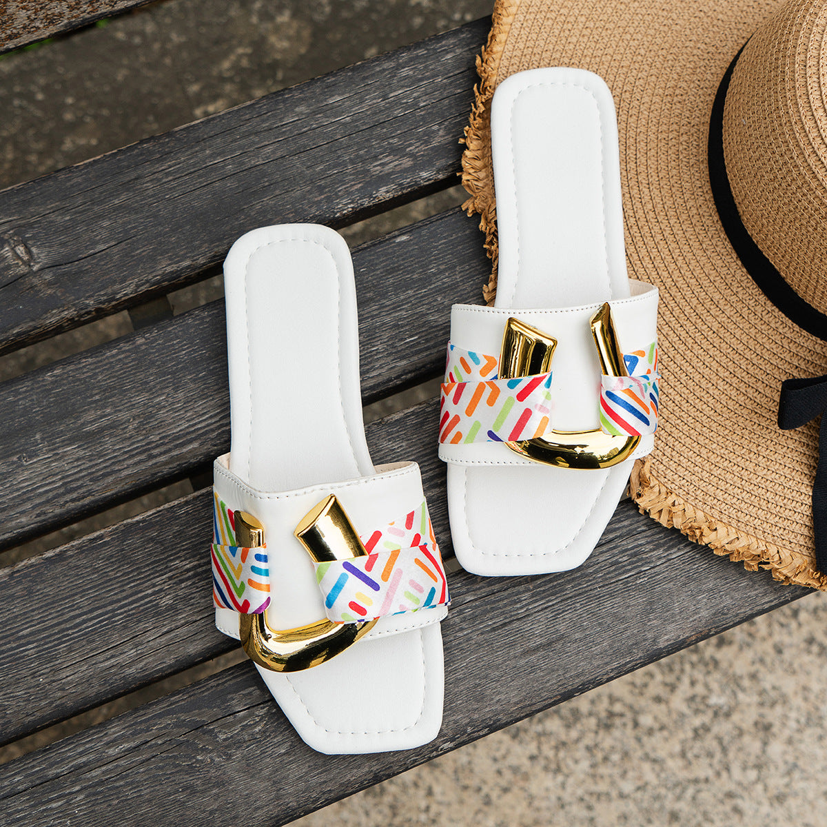 sandals  | Square Toe Flat Sandals Metal Buckle Slippers Summer Beach Shoes Women | [option1] |  [option2]| thecurvestory.myshopify.com