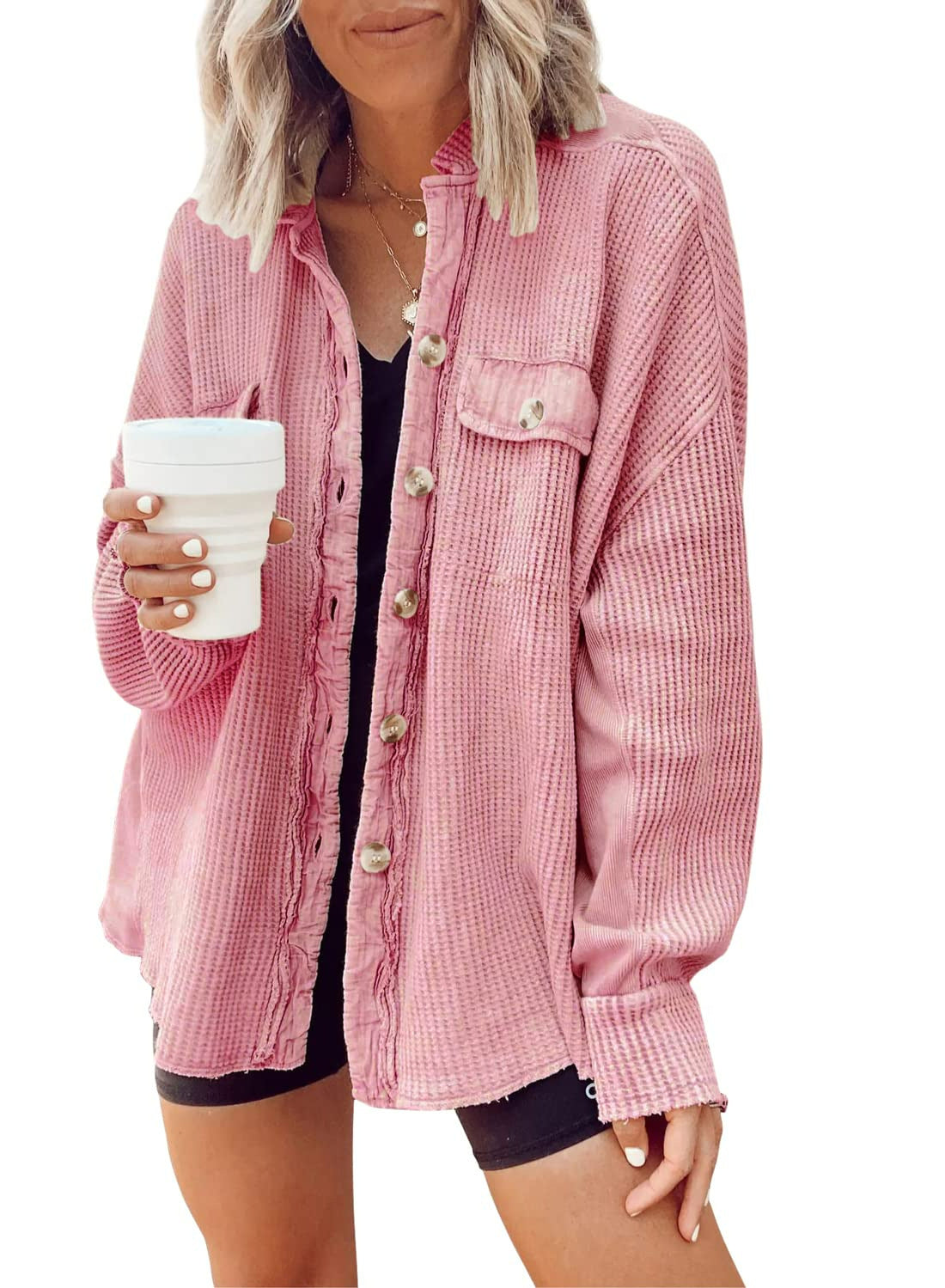 Shirt  | Button Shirt Jacket Women Lapel Long Sleeve Blouse Fashion Jacket Tops | Pink |  L| thecurvestory.myshopify.com