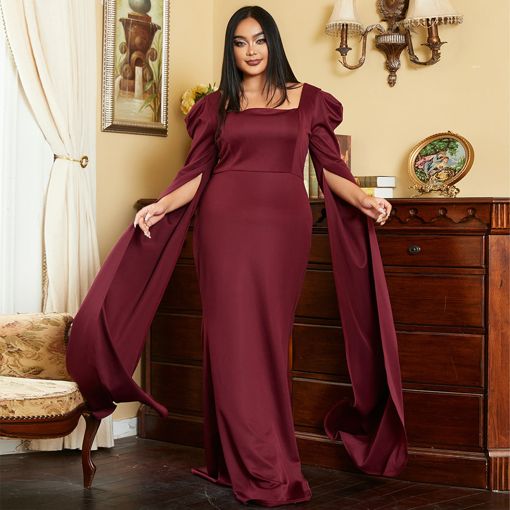 Dress  | Plus Size Women Clothing Long Sleeve Square-neck Dress | Wine Red |  2XL| thecurvestory.myshopify.com