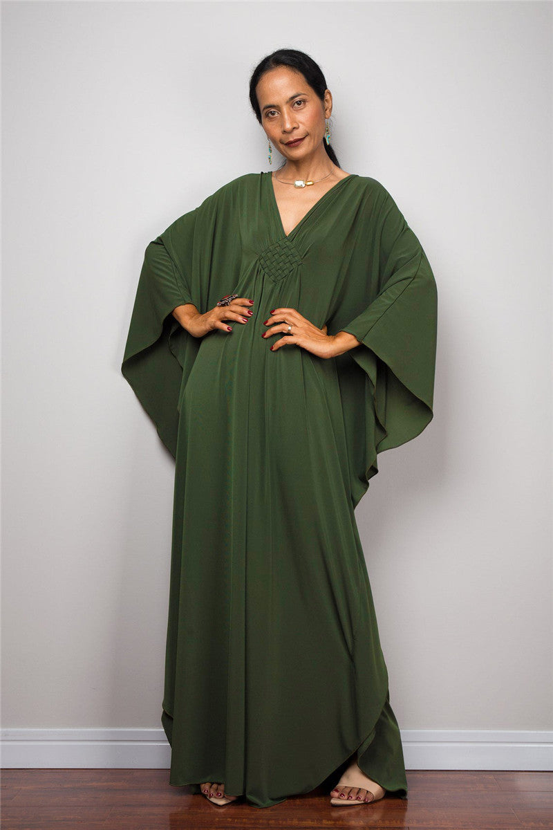 Dress  | Free Size  Chest Woven Loose Plus Size Beach Cover-up Robe Vacation | Army Green |  Free Size| thecurvestory.myshopify.com