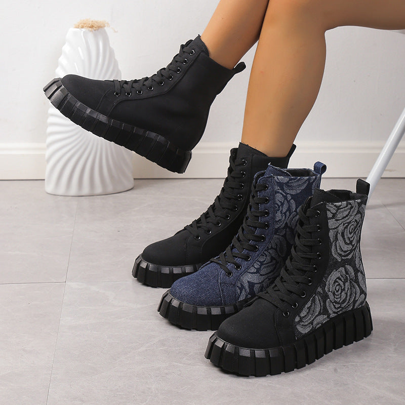 Boots  | Women's Floral Printed Chunky Lace up Ankle Boot | [option1] |  [option2]| thecurvestory.myshopify.com
