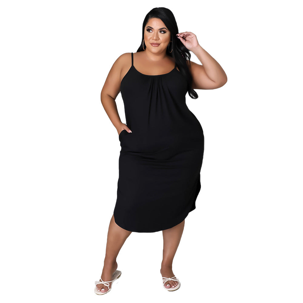 Dress  | Women Plus Size Spaghetti Strap Solid Color Wrapped Dress | Black |  3XL| thecurvestory.myshopify.com