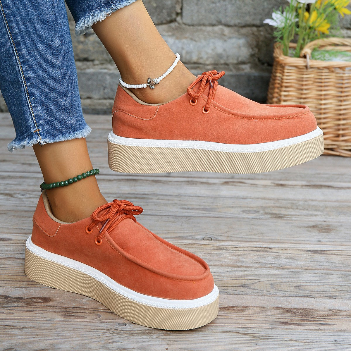 Sneakers  | New Thick Bottom Lace-up Flats Women Solid Color Casual Fashion Lightweight Sneakers | Orange |  Size36| thecurvestory.myshopify.com
