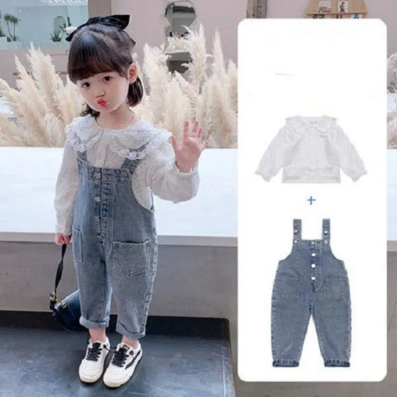 Girl Dress  | Girls Denim Overalls And Lace Shirt Two-piece Suit | thecurvestory.myshopify.com