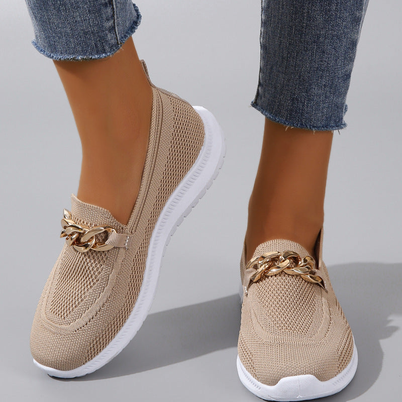Trainers & Sneakers  | Chain Flats Shoes Women Mesh Sports Walking Shoes | Apricot |  Size36| thecurvestory.myshopify.com
