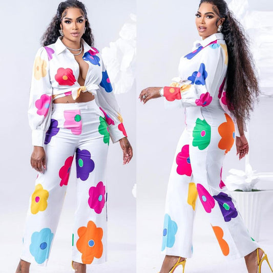 Women Plus Size Fashion Color Printed Shirt Suit Two-piece Co-ord Set