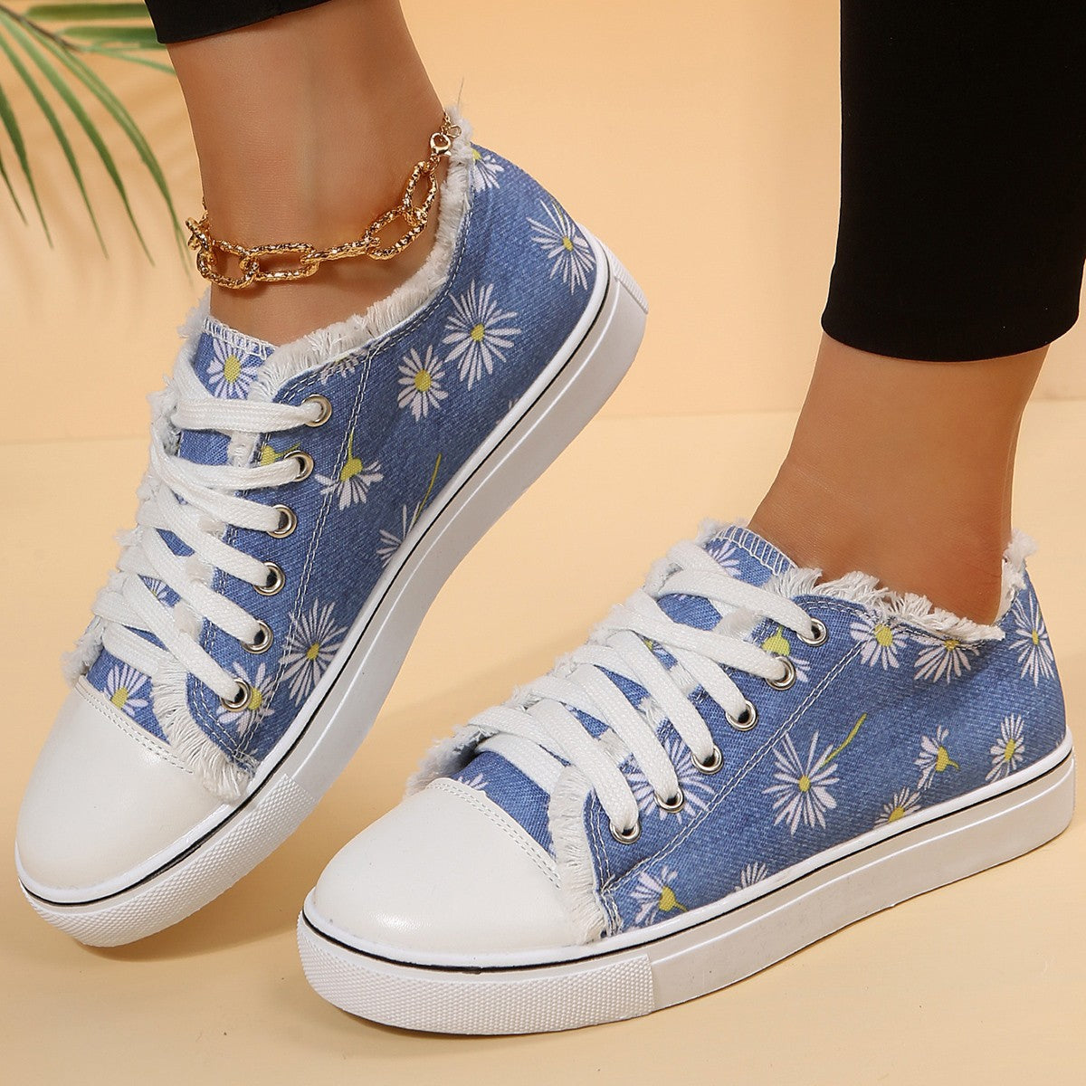 Trainers & Sneakers  | Casual Flat Canvas Shoes Flowers Lace-up Flowers Print Loafers Women Walking Shoes | Denim Flower |  36.| thecurvestory.myshopify.com