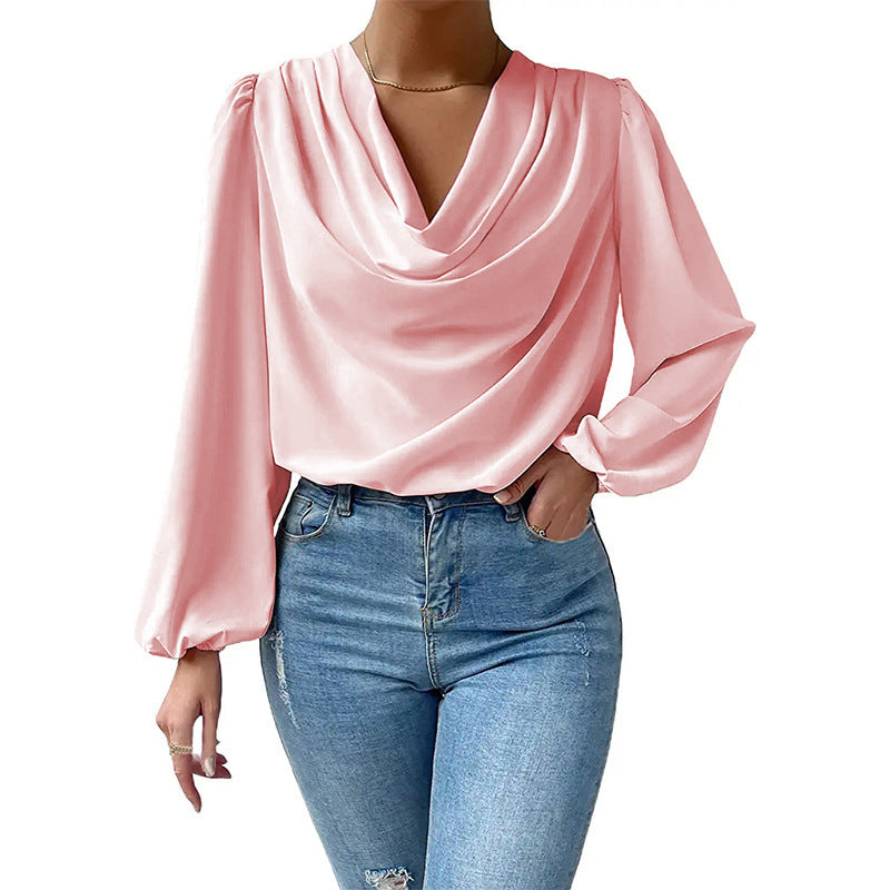 Tops  | Chiffon Long-sleeved Shirt Loose V-neck Top T-shirt Women's Clothing | Pink |  3XL| thecurvestory.myshopify.com