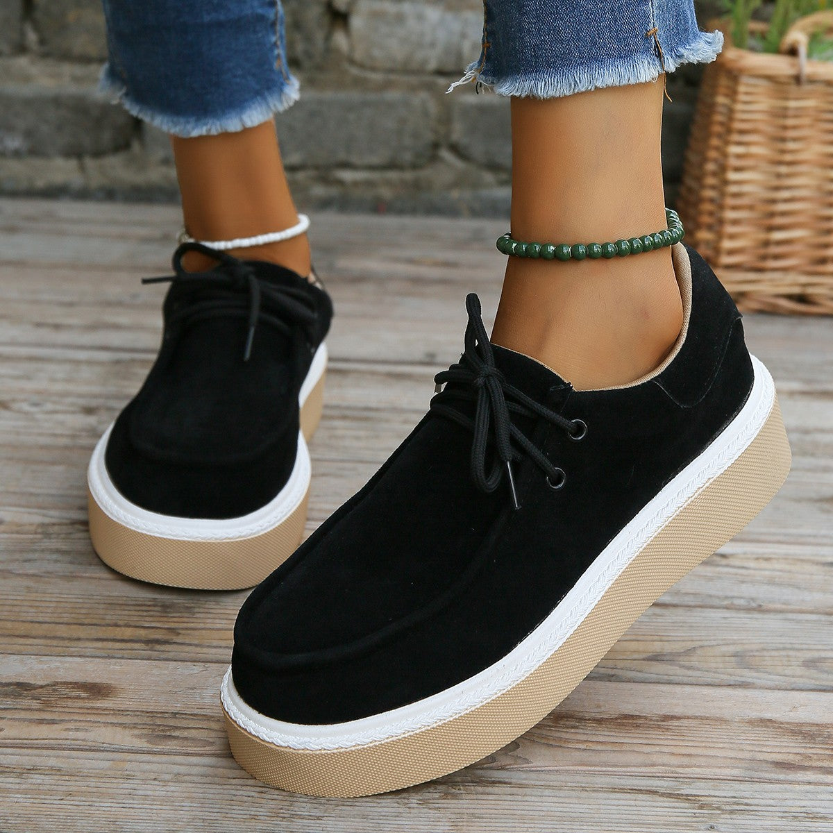 Sneakers  | New Thick Bottom Lace-up Flats Women Solid Color Casual Fashion Lightweight Sneakers | Black |  Size36| thecurvestory.myshopify.com