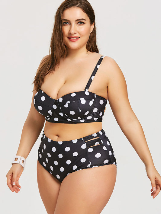 Swimsuit  | Retro Polka Dot High-rise Bikini Top Bottom Padded Swimsuit Plus Size Swimwear | Black |  2XL| thecurvestory.myshopify.com