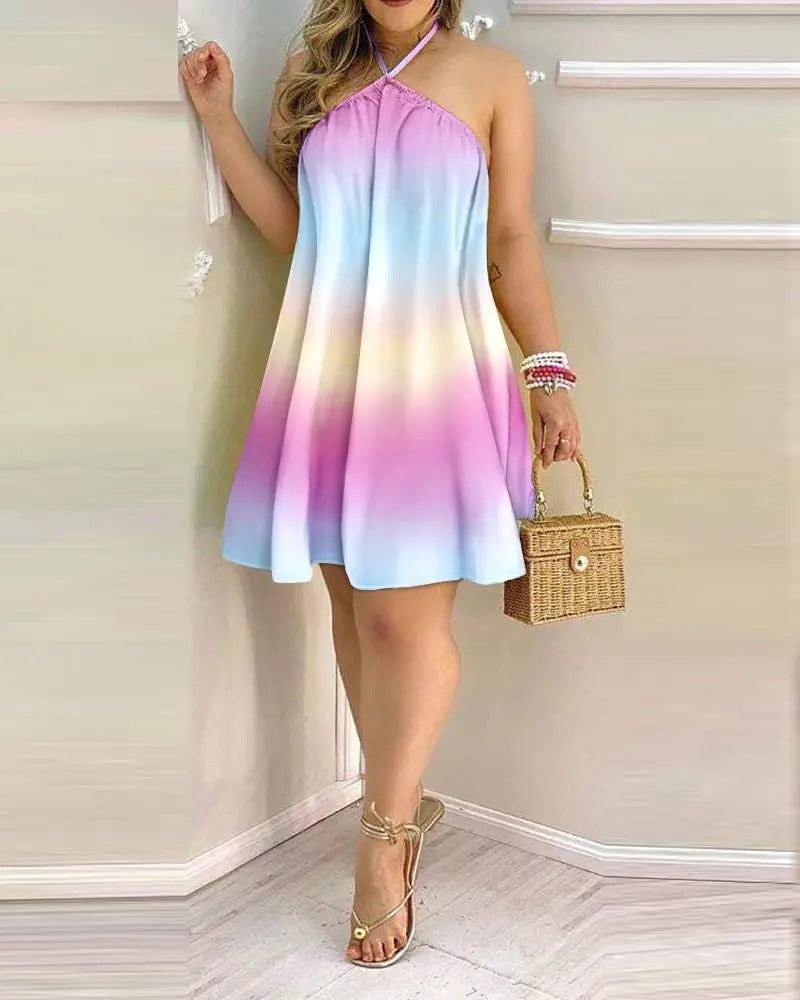 dresses  | Printed Dress Summer Off-Shoulder Hanging Neck Sleeveless Sexy Dresses Women | Rainbow color |  2XL| thecurvestory.myshopify.com