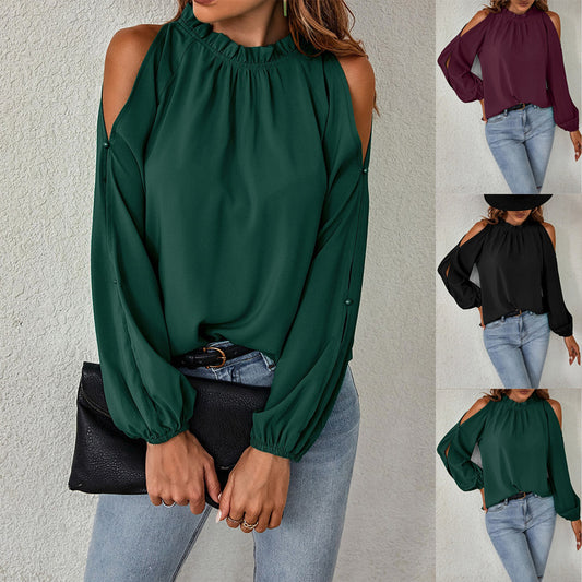 Ruffle Round Neck Long Sleeve Pleated Off-shoulder Top