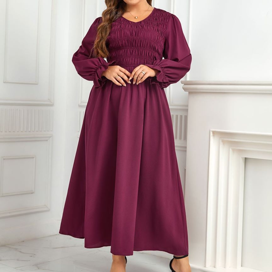 Plus size Pleated puff sleeves dress
