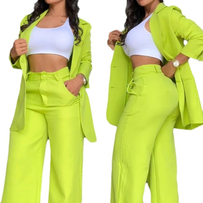 Women Plus Size Plain Color Sleeve Lapel Suit Pocket Straight-leg Pants Suit