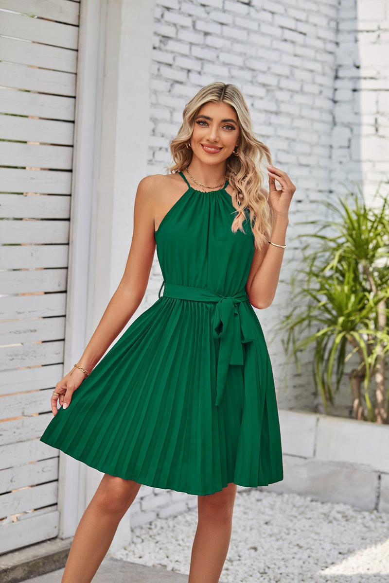 dresses  | Halter Strapless Dresses For Women Solid Pleated Skirt Summer Beach Sundress | Green |  L| thecurvestory.myshopify.com