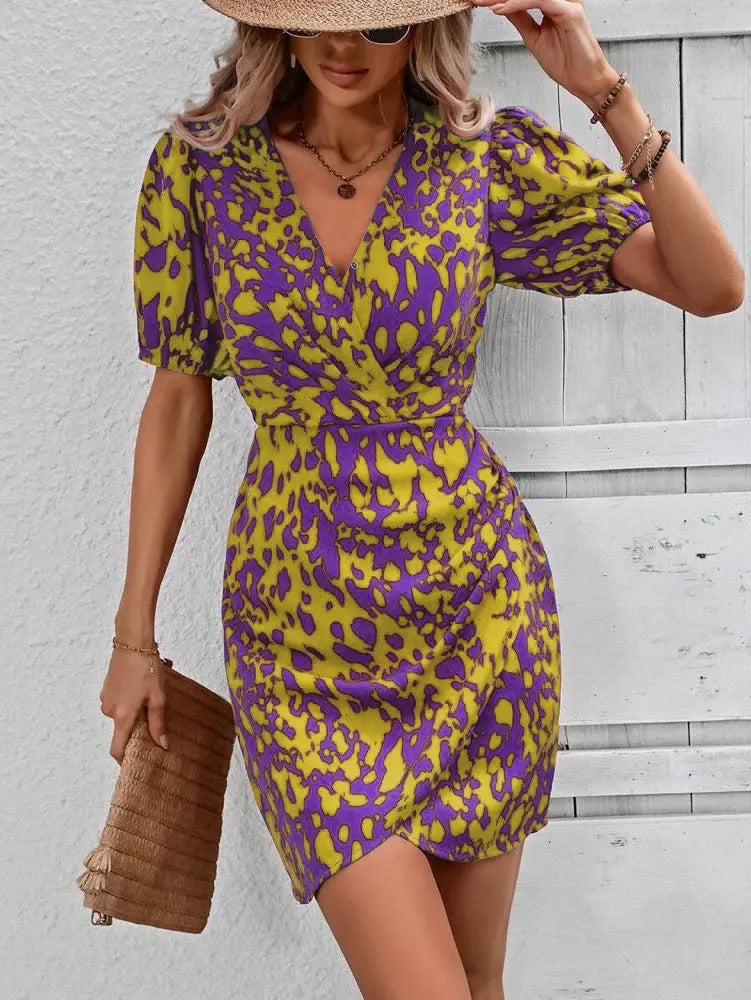 Women's Fashion Half-sleeved And Waisted Casual Printed Dress - Image #5