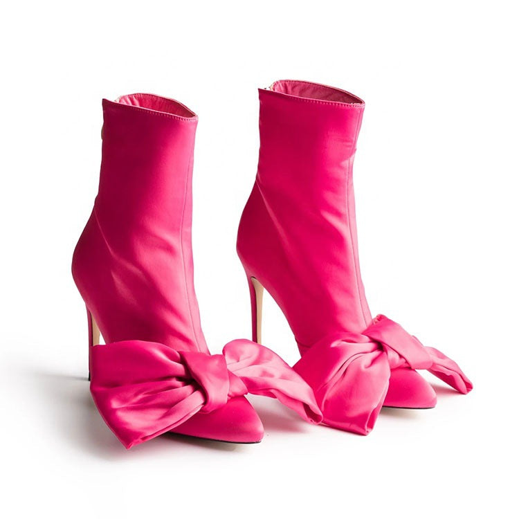 Boots  | Women High Heeled Ankle Bootie With Bow | Pink |  35| thecurvestory.myshopify.com