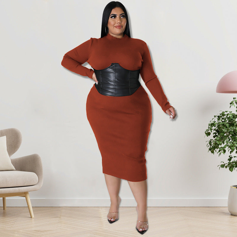 Dress  | Fall Plus Size Women's Zipper Hit Leather Dress | Dark Brown |  2XL| thecurvestory.myshopify.com