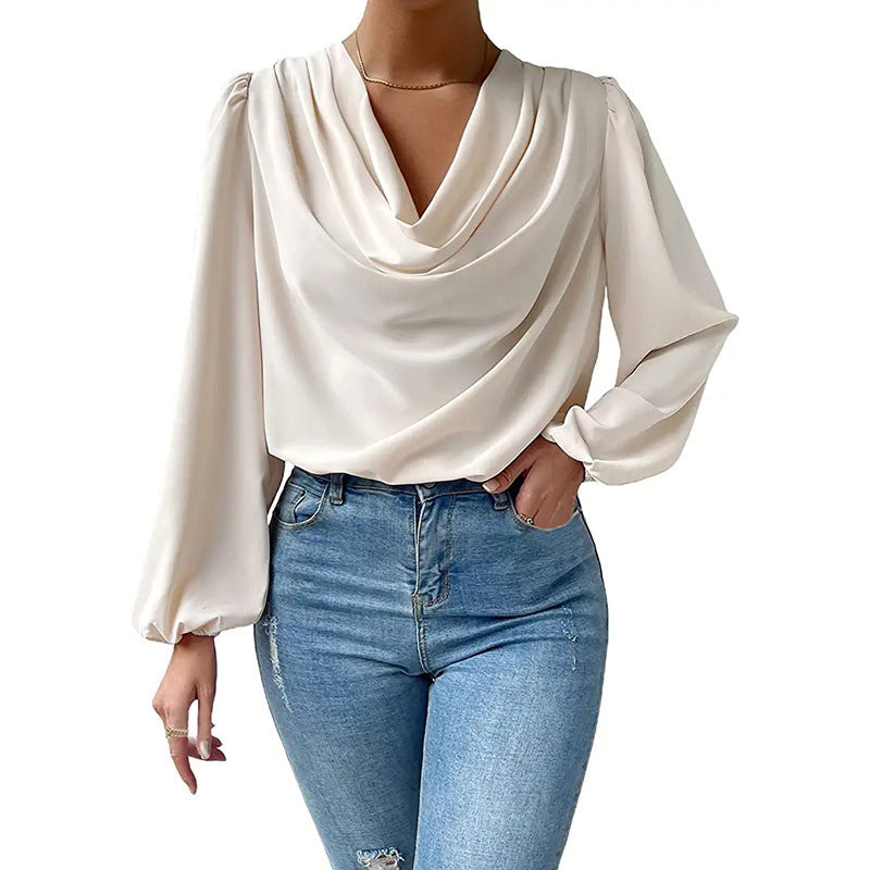 Tops  | Chiffon Long-sleeved Shirt Loose V-neck Top T-shirt Women's Clothing | Apricot |  3XL| thecurvestory.myshopify.com