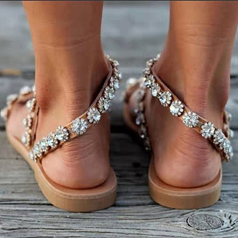 sandals  | Women's Sandals Mules Boho Beach Shoes Rhinestone Lace Beading Flat Slippers | [option1] |  [option2]| thecurvestory.myshopify.com