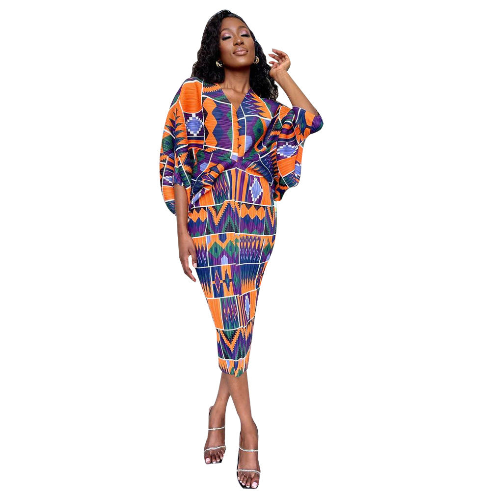 Dress  | Free Size Women V-neck Batwing Sleeve Printing Dress Kimono | Orange Ethnic Style |  Free Size| thecurvestory.myshopify.com