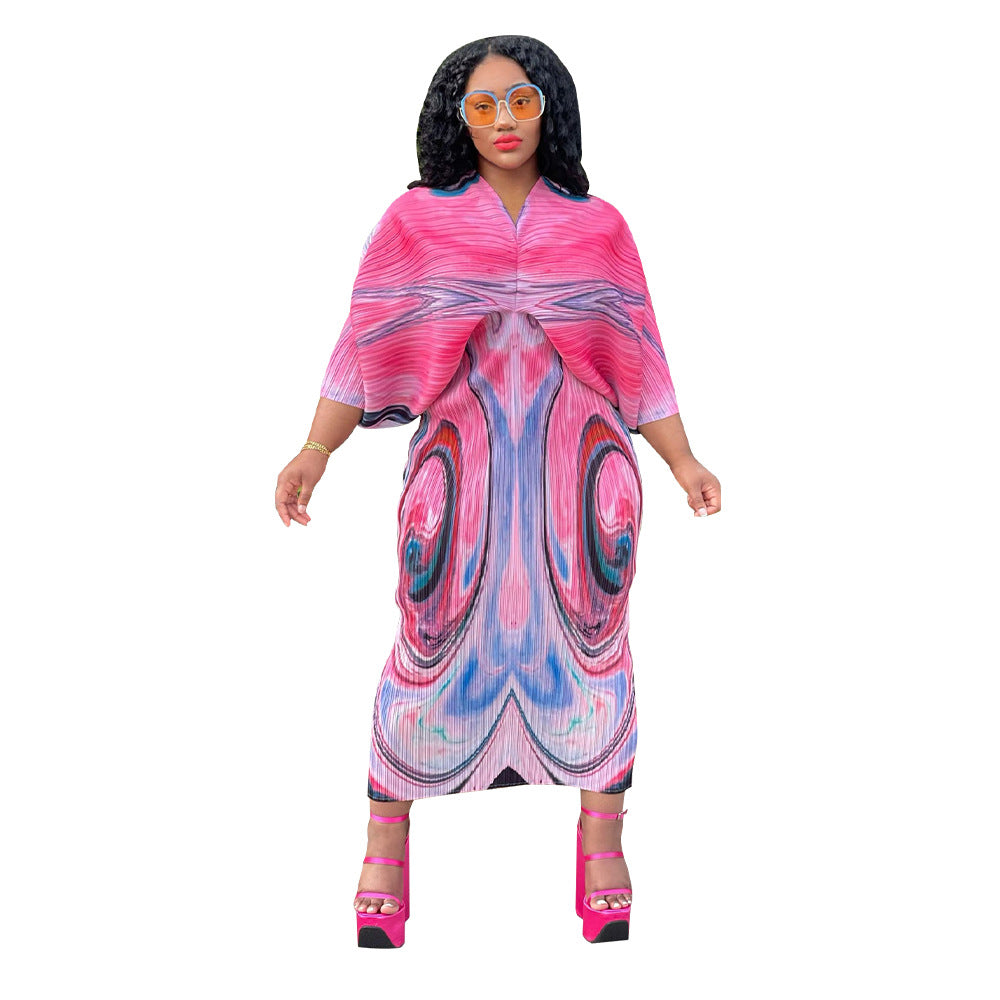 Dress  | Free Size Women V-neck Batwing Sleeve Printing Dress Kimono | Pink |  Free Size| thecurvestory.myshopify.com