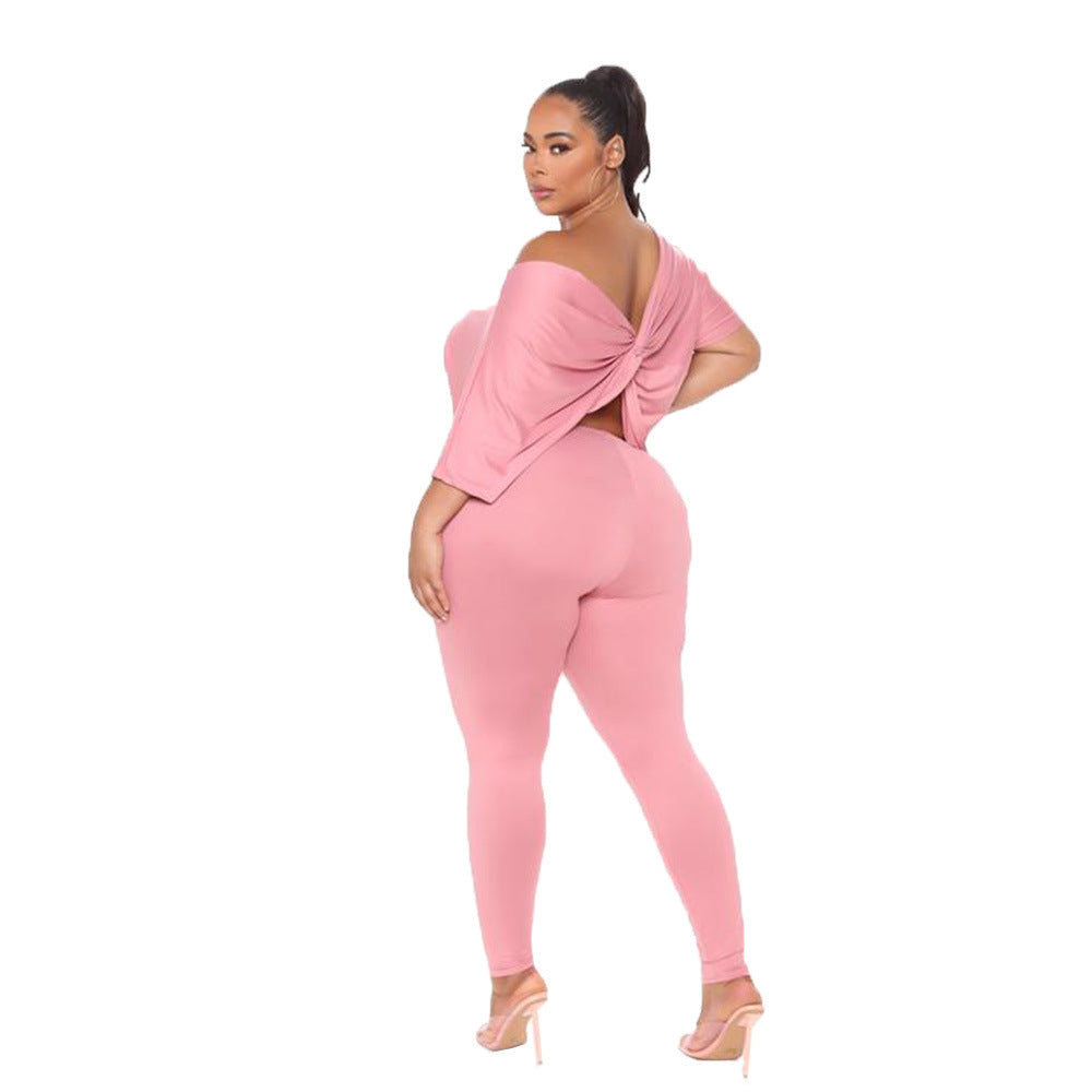 Women Plus Size Casual Backless Solid Color Co-ord Set