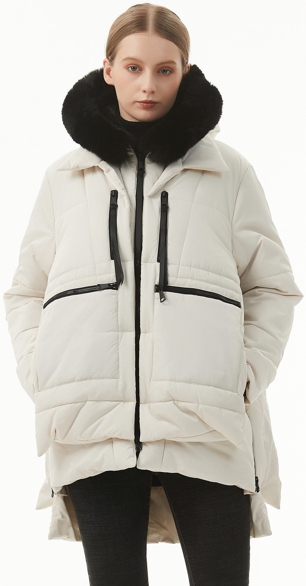 jackets  | Women's Casual Hooded Middle Long Cotton-padded Coat | Beige |  L| thecurvestory.myshopify.com
