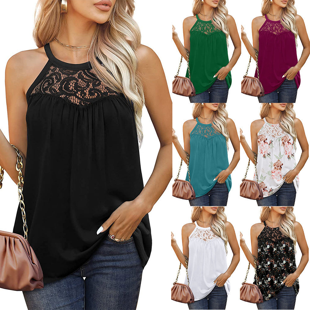 Tops  | Womens Tank Tops Loose Fit Summer Lace Halter Tops Sleeveless Shirts | [option1] |  [option2]| thecurvestory.myshopify.com
