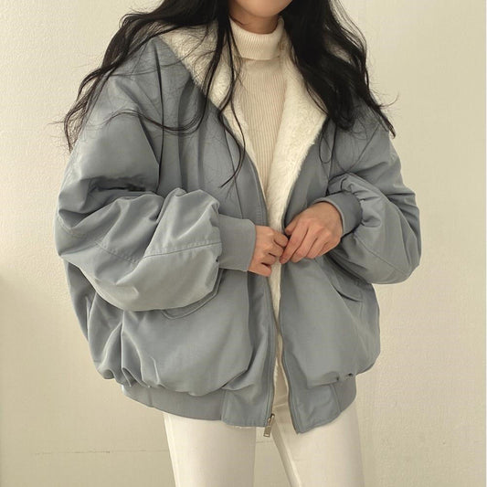 jackets  | Playful Elegance: Simple and Loose Thickened Cotton Coat with Hooded Collar for Ultimate Warmth | Blue |  2XL| thecurvestory.myshopify.com